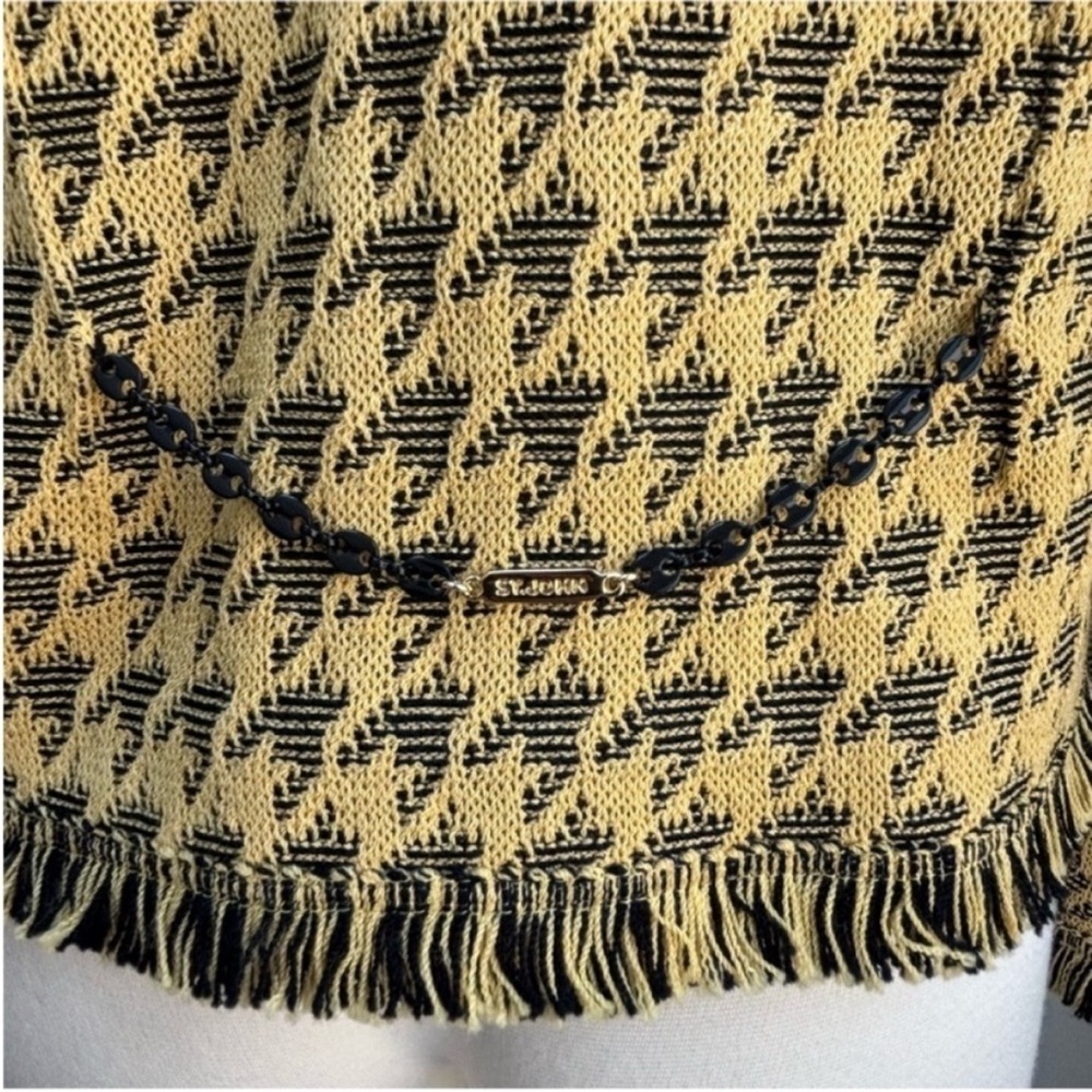 St John Houndstooth Jacket Vintage Fringe Knit Archival Logo Yellow Black Size 8 - Picture 7 of 14